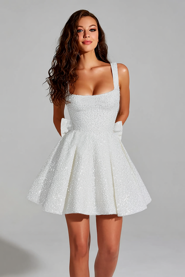 Sparkly Ivory A Line Square Neck Sequins Short Prom Dress with Back Giant Bow